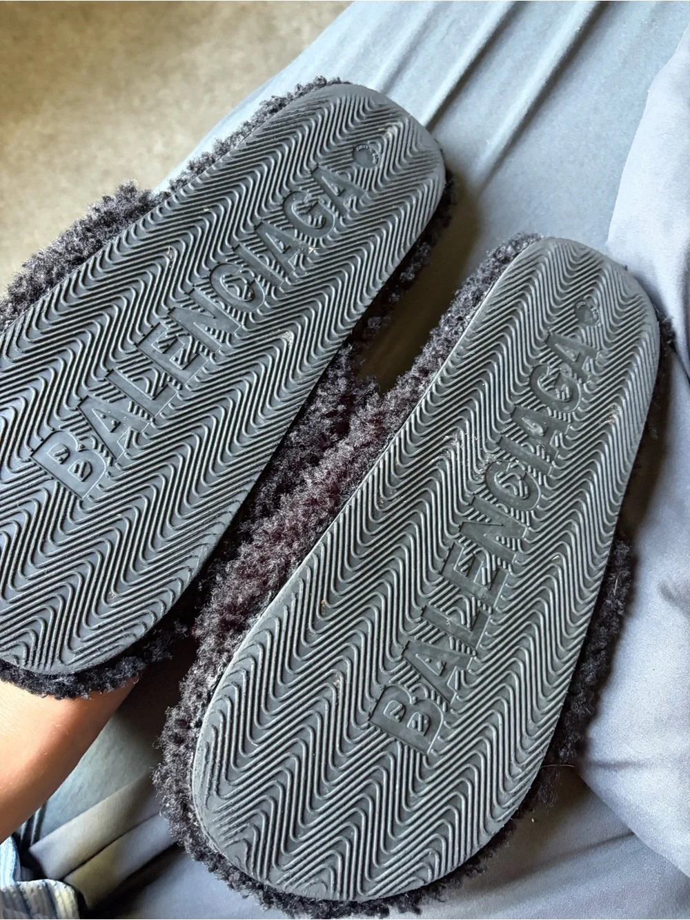 Balenciaga Black Shearling Logo Slide Slippers with Red Accent
